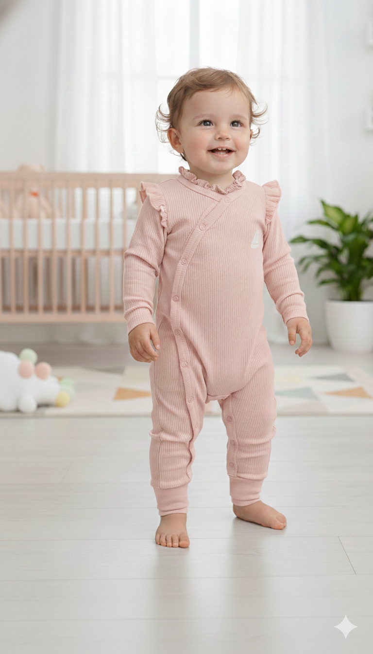 Baby Pink Petal & Frill Stripped Jumpsuit