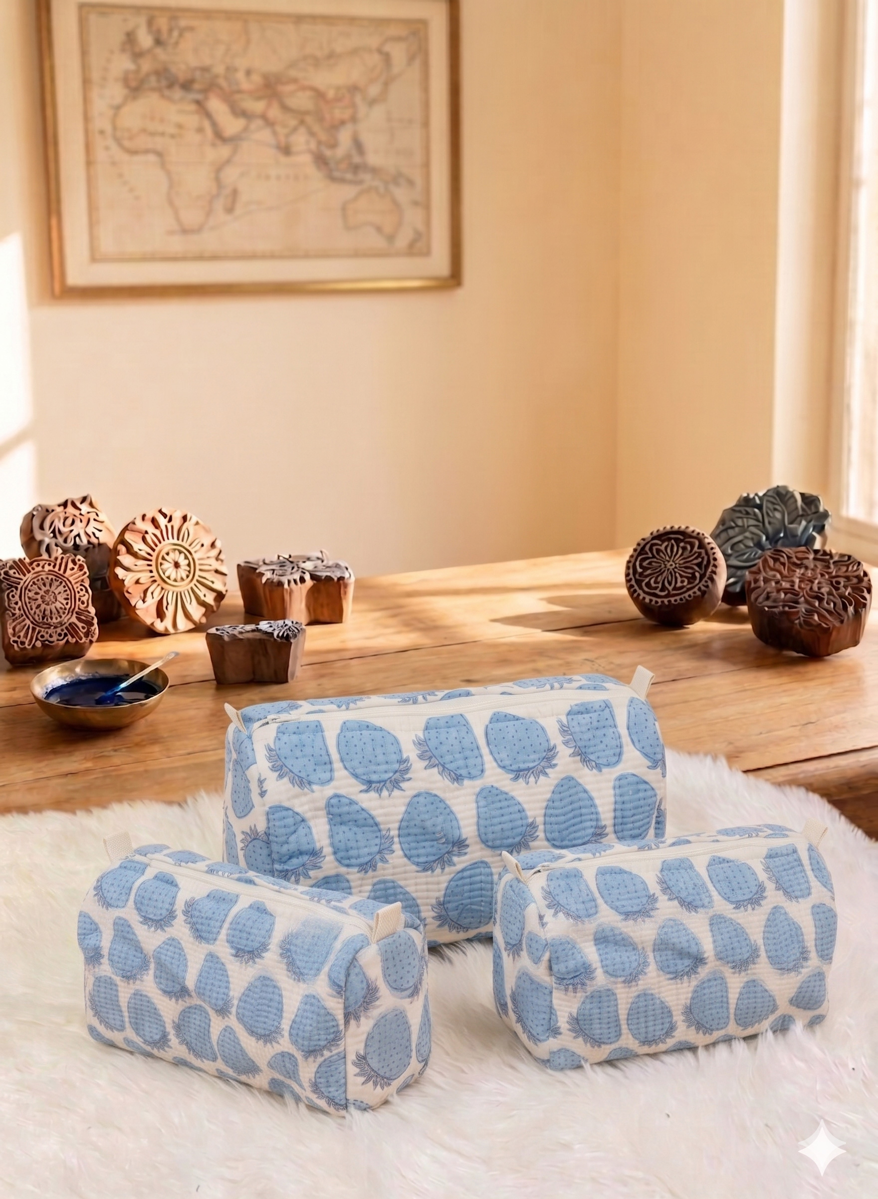 The Azure Strawberry Block-Print 3-Piece Vanity Set